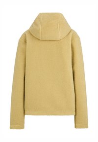 Fleecejacke in Hellgelb mit Kapuze, mit einer strukturierten, weichen Oberfläche und genähten Kanten, von hinten betrachtet.