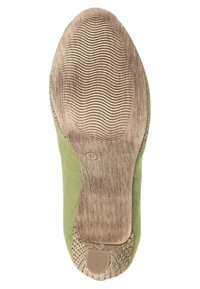 Botte en suede vert avec une semelle en caoutchouc beige texturée et à motif présentant des lignes concentriques et un petit logo. Taille indiquée comme 37.