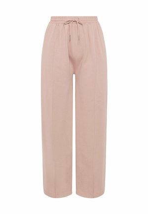 Pantaloni larghi color rosa chiaro con vita elastica e chiusura con coulisse, realizzati in tessuto morbido.