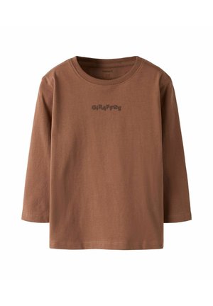 Brown long-sleeve crew neck shirt with "GIRAFFES" printed in dark brown letters on the chest.