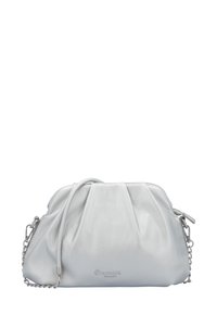 Light gray leather handbag with a gathered design, top handle, and a detachable silver chain strap. Features a logo embossing at the front.