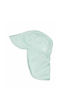 Vihreä mintunvärinen auringonhattu, joka on valmistettu kevyestä ja hengittävästä kankaasta. Siinä on leveä lieri ja niskasuojus auringolta suojautumiseen. Logo on painettu sivulle.