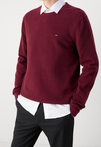 Pull col rond bordeaux en tissu tricoté texturé, porté par-dessus une chemise blanche à col. Petit logo sur la poitrine, manches longues.