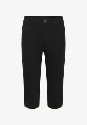 Pantaloni scurți negri din denim, până la genunchi, cu nasture frontal, închidere cu fermoar și cinci buzunare.