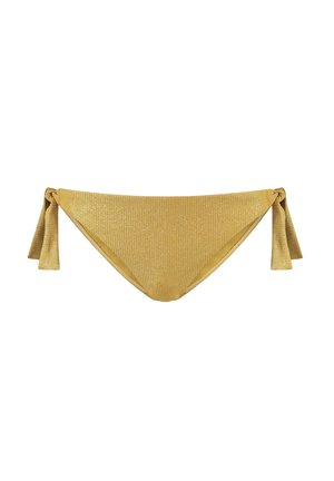 Yellow bikini bottom featuring a textured knit design with tied side accents. The shape is low-rise with a smooth inner lining.