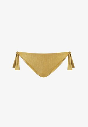 Yellow bikini bottom featuring a textured knit design with tied side accents. The shape is low-rise with a smooth inner lining.