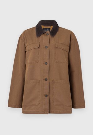 Bruine jas gemaakt van duurzaam materiaal, met een corduroy kraag, vier zakken, knoopsluiting en een rechte pasvorm.