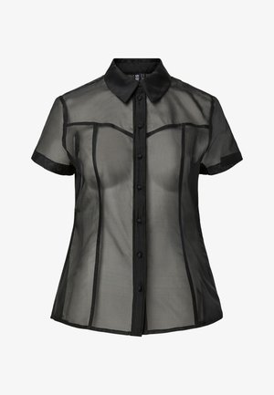 Schwarzes, durchsichtiges Kurzarmhemd mit einem Kragen, ausgestattet mit einer Knopfleiste und vertikalen Nahtdetails. Seidige Textur, körperbetonte Form.