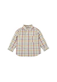 Camisa de cuadros abotonada en algodón ligero. Presenta un patrón de cuadros en verde, amarillo, marrón y beige. Incluye un bolsillo en el pecho y cuello.