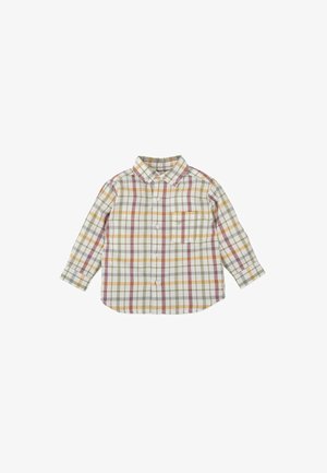 Camisa de cuadros abotonada en algodón ligero. Presenta un patrón de cuadros en verde, amarillo, marrón y beige. Incluye un bolsillo en el pecho y cuello.