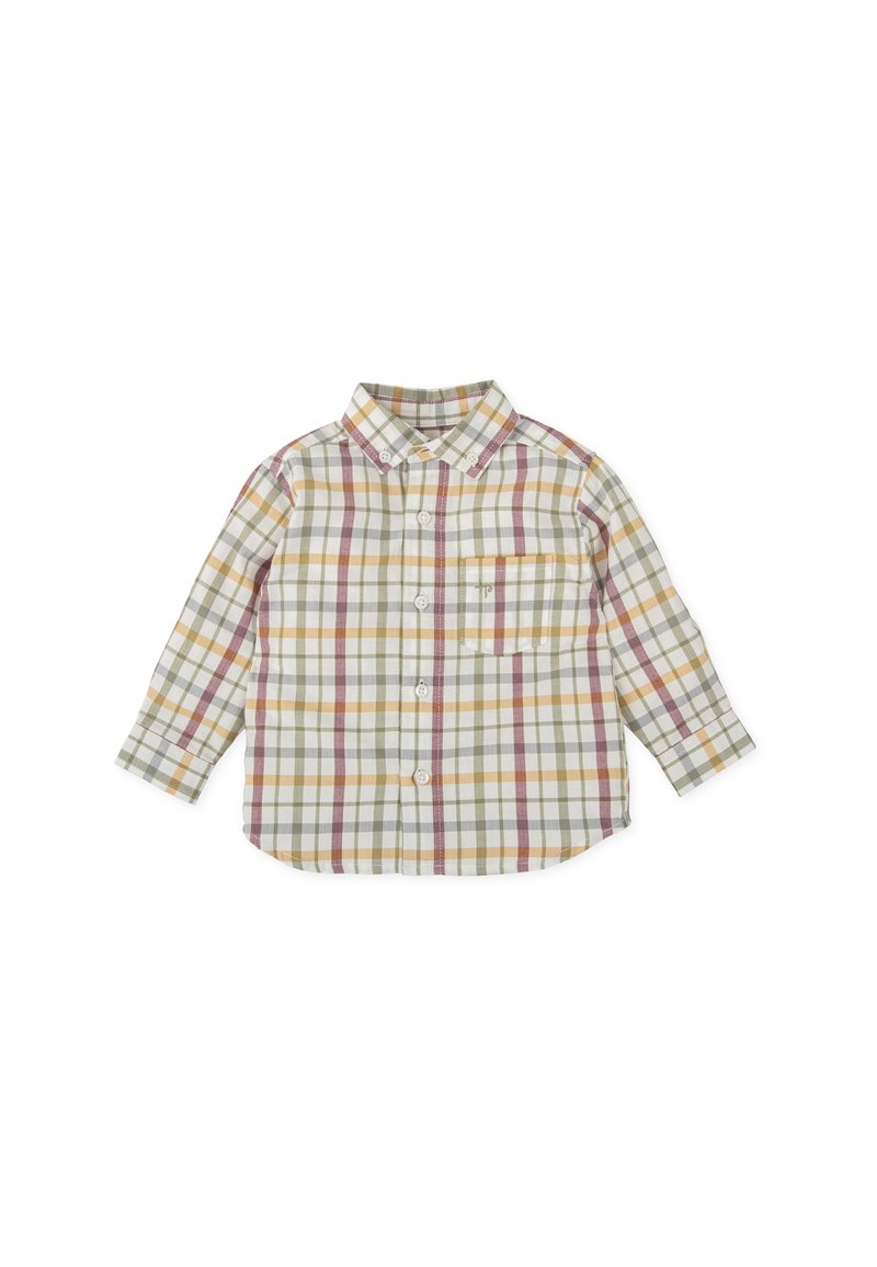 Camisa de cuadros abotonada en algodón ligero. Presenta un patrón de cuadros en verde, amarillo, marrón y beige. Incluye un bolsillo en el pecho y cuello.