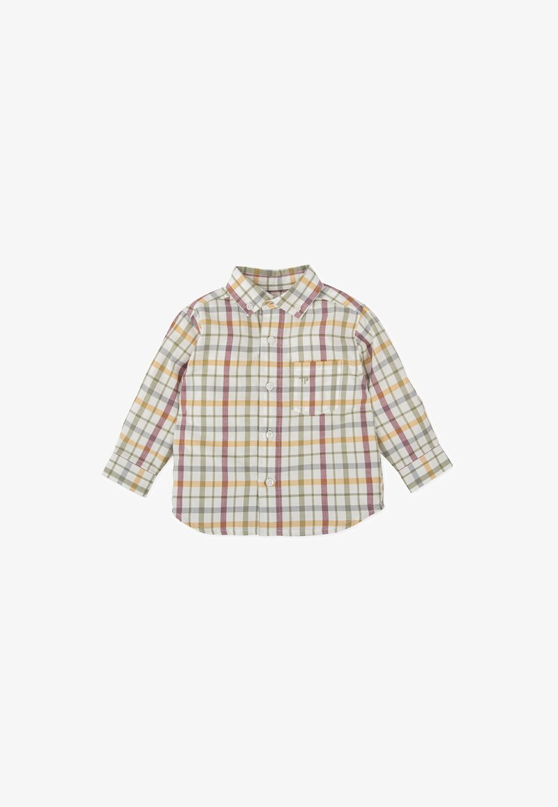 Camisa de cuadros abotonada en algodón ligero. Presenta un patrón de cuadros en verde, amarillo, marrón y beige. Incluye un bolsillo en el pecho y cuello.