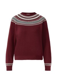 Bordowy sweter z okrągłym dekoltem i długimi rękawami, zdobiony misternym białym i szarym haftem przy dekolcie i mankietach. Miękka tekstura.