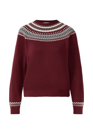 Bordeauxrode trui met ronde hals en lange mouwen, met een ingewikkeld wit en grijs geborduurd patroon bij de halslijn en de mouwboorden. Zachte textuur.