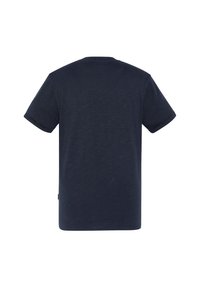Donkerblauwe t-shirt met korte mouwen, voorzien van een ronde halslijn, een gladde textuur en een casual pasvorm. De achterkant toont een strak ontwerp zonder opdruk.