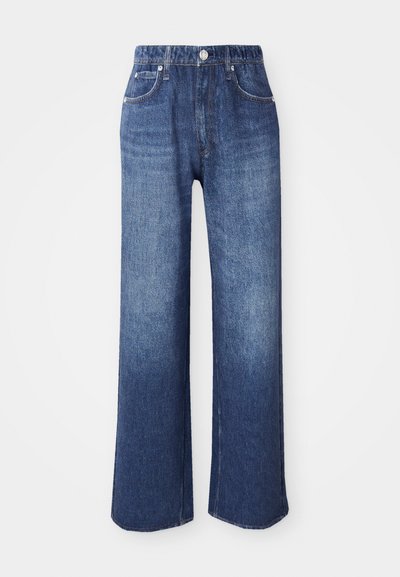 Bredde ben blå denim jeans med høy midje, fem lommer og sølv knappelukking. Stoffet har en jevn tekstur med subtil falming.