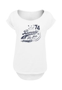 Weißes T-Shirt mit kurzen Ärmeln und rundem Halsausschnitt, bedruckt mit einem blauen Grafikdesign mit Sternen und einem Jet-Motiv, strukturiertem Stoff.