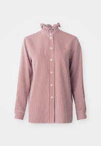 Camicia a righe rosse e bianche con collo arricciato e apertura con bottoni, dotata di maniche lunghe e polsini, realizzata in tessuto leggero.