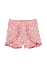 Pantalones cortos de algodón rosa con patrones florales blancos, costuras laterales con volantes y un dobladillo con volantes. Cintura elástica para mayor comodidad.