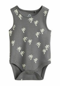 Body aderente grigio senza maniche con leggeri motivi di palme, texture morbida, scollo rotondo e chiusure a pressione sul fondo.