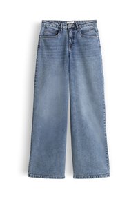 Light blue wide-leg denim jeans with front pockets, belt loops, and a button closure at the waist on a white background.
