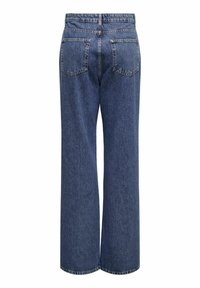 Vue de dos d'un jean en denim bleu à jambes larges, taille haute, passants de ceinture et deux poches arrière, sur fond blanc.