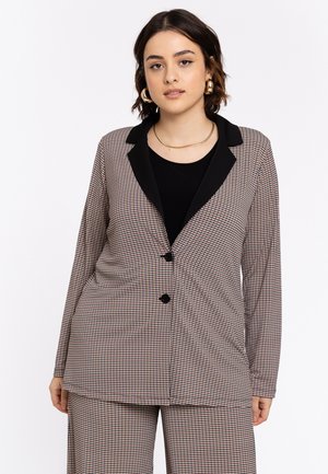 Kariertes Blazer mit schwarzem Kragen, langen Ärmeln und zwei Knöpfen. Der Stoff hat ein strukturiertes Muster in Braun- und Cremetönen.