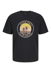 Black short-sleeve t-shirt featuring a round graphic with palm trees and “JACK&JONES PALM SPRING” text in yellow and orange hues.