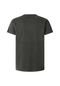 Temno siva kratka majica z okrolim izrezom, z gladko teksturo in klasičnim krojem. Pogled od zadaj ne razkriva nobenih vidnih dizajnerskih elementov.