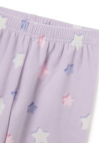 Purple fleece pajama pants with an elastic waistband, featuring colorful star patterns in pink, blue, and white across the fabric.