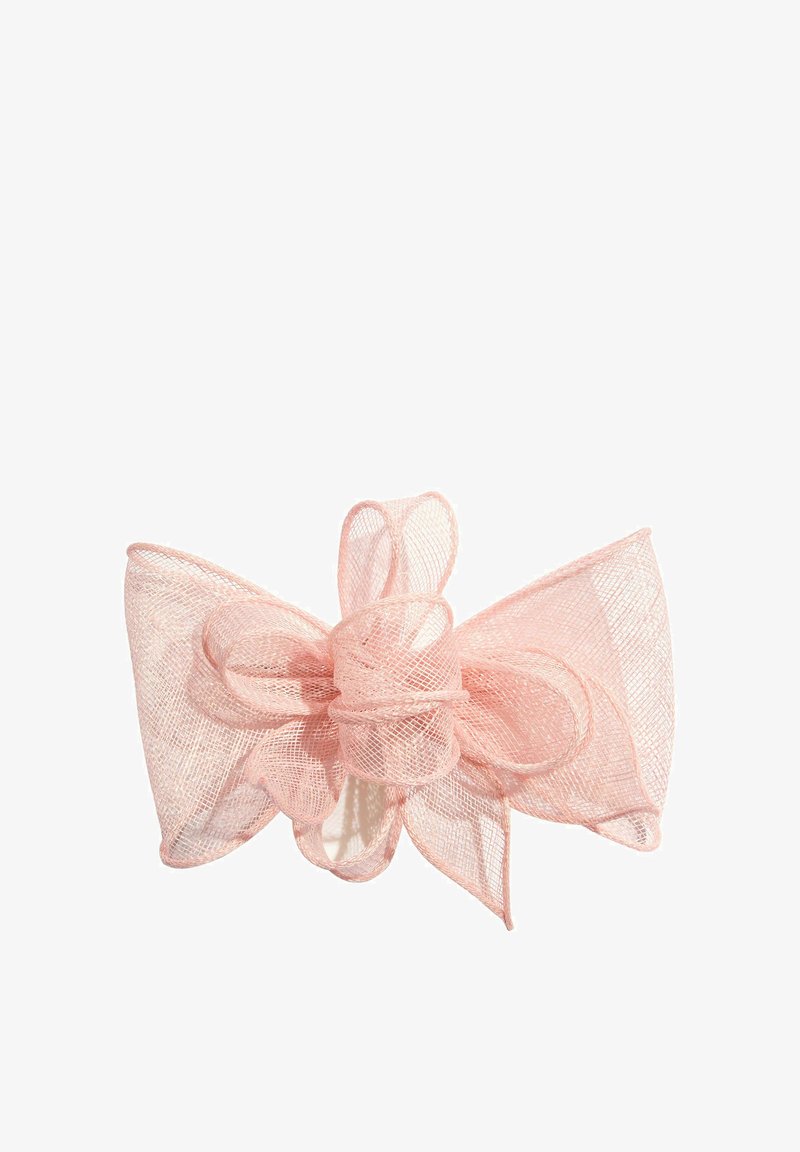 Gaiši rozā caurspīdīga auduma lente ar vairākiem cilpām un centrālu mezglu, tai ir smalka, gaisa faktūra.