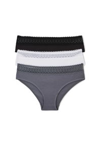 Ensemble de trois culottes en coton noir, blanc et gris, avec une finition en dentelle le long de la taille pour une touche de détail supplémentaire.