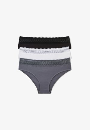 Ensemble de trois culottes en coton noir, blanc et gris, avec une finition en dentelle le long de la taille pour une touche de détail supplémentaire.