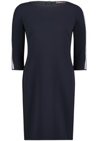 Abito blu navy realizzato in tessuto morbido, con maniche a tre quarti e scollatura rotonda. Presenta una cerniera sul retro e dettagli trasparenti a contrasto.