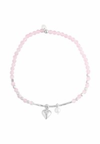 Pink beaded bracelet featuring round beads, metallic accents, a silver heart charm, and a small pearl detail on a twisted band.