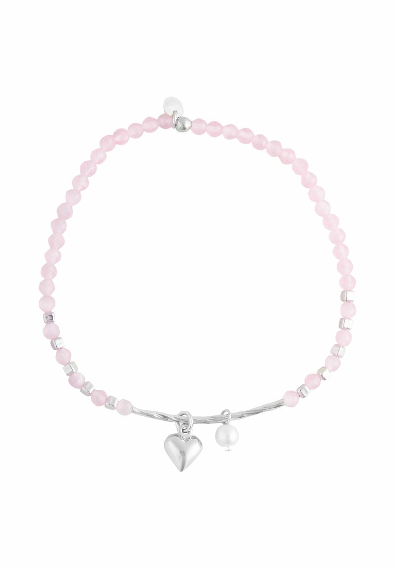 Pink beaded bracelet featuring round beads, metallic accents, a silver heart charm, and a small pearl detail on a twisted band.