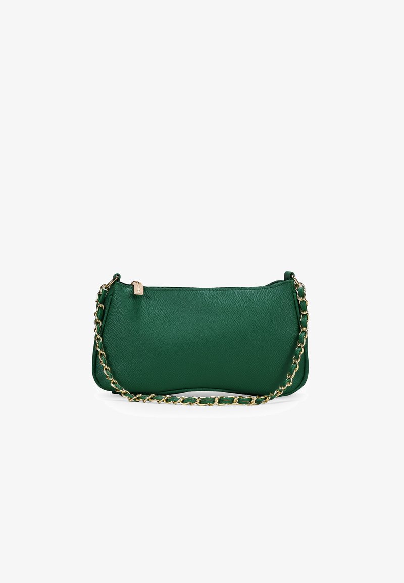 Green textured handbag with gold chain strap. Features a curved silhouette and zip closure. Smooth surface with subtle pattern detailing.