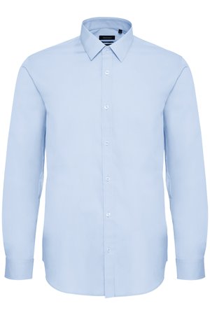 Chemise à manches longues bleu clair en tissu lisse, dotée d'un col classique, d'une fermeture à boutons et de poignets aux bords arrondis.