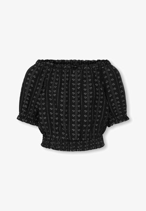 Blouse noire décolletée avec encolure et manches froncées, présentant un motif texturé de petites formes blanches et un ourlet élastique.
