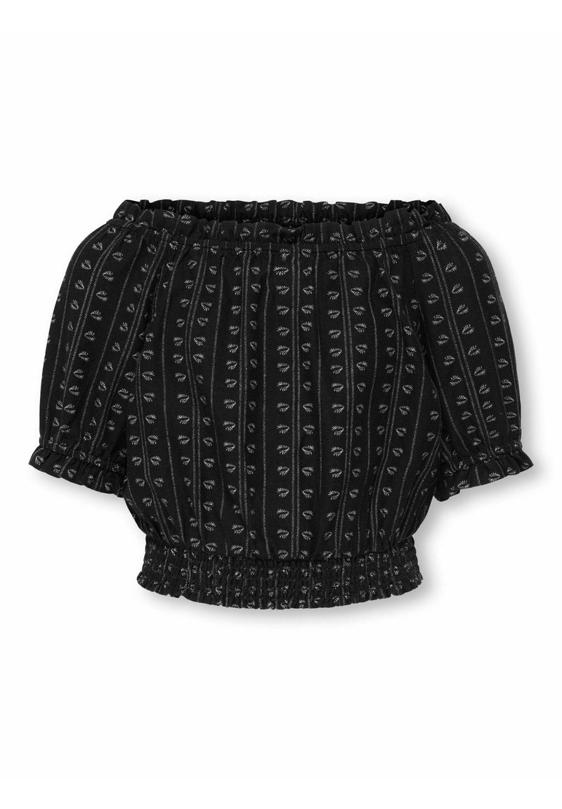 Črna bluzica z off-the-shoulder izrezom, z gubanjem na vratu in rokavih, ki vsebuje teksturiran vzorec majhnih belih oblik in elastičen rob.
