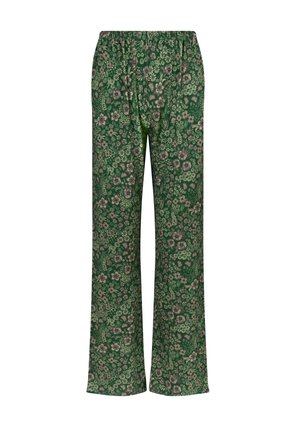 Green, floral patterned trousers with an elastic waistband and a relaxed fit. Made from soft fabric, they feature a loose, straight-leg design.