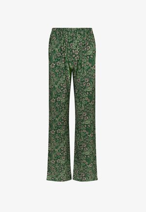 Green, floral patterned trousers with an elastic waistband and a relaxed fit. Made from soft fabric, they feature a loose, straight-leg design.