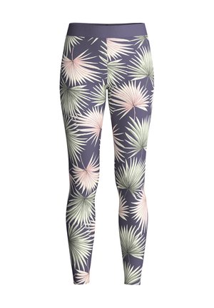 Leggings marine avec un motif de feuilles de palmier vert clair et rose, coupe ajustée avec une texture lisse, large bande à la taille pour plus de confort.