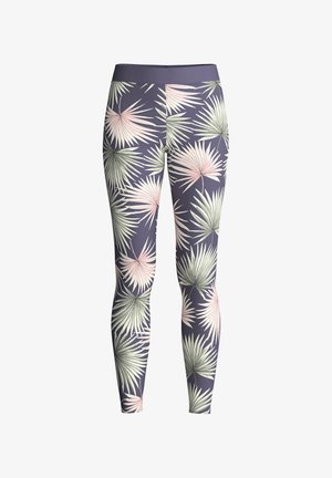 Leggings marine avec un motif de feuilles de palmier vert clair et rose, coupe ajustée avec une texture lisse, large bande à la taille pour plus de confort.
