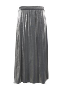 Metaalgrijze rok tot de knie met een elastische tailleband, voorzien van verticale plooien en een gladde textuur.
