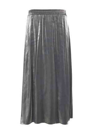 Metallic grey knee-length skirt with an elastic waistband, featuring vertical pleats and a smooth texture.