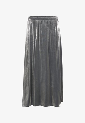 Metallic grey knee-length skirt with an elastic waistband, featuring vertical pleats and a smooth texture.