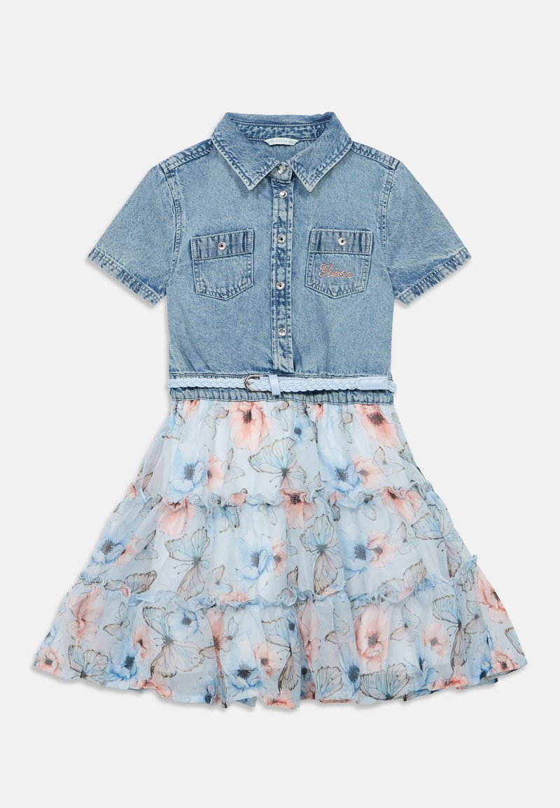 Denim dress featuring a short-sleeved top with button closures and two chest pockets, paired with a tiered, floral-patterned blue tulle skirt.