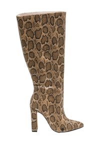 Botine negre cu imprimeu leopard, până la genunchi, cu vârf ascuțit, toc stiletto și textură netedă; fabricate din material sintetic cu un finisaj lucios.