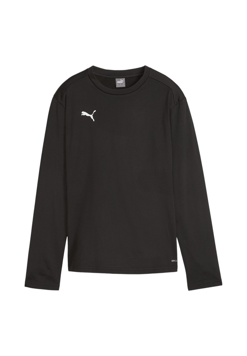 Schwarzes Langarmshirt aus glattem, leichtem Stoff. Mit einem weißen Puma-Logo auf der linken oberen Brustseite und einem Rundhalsausschnitt.